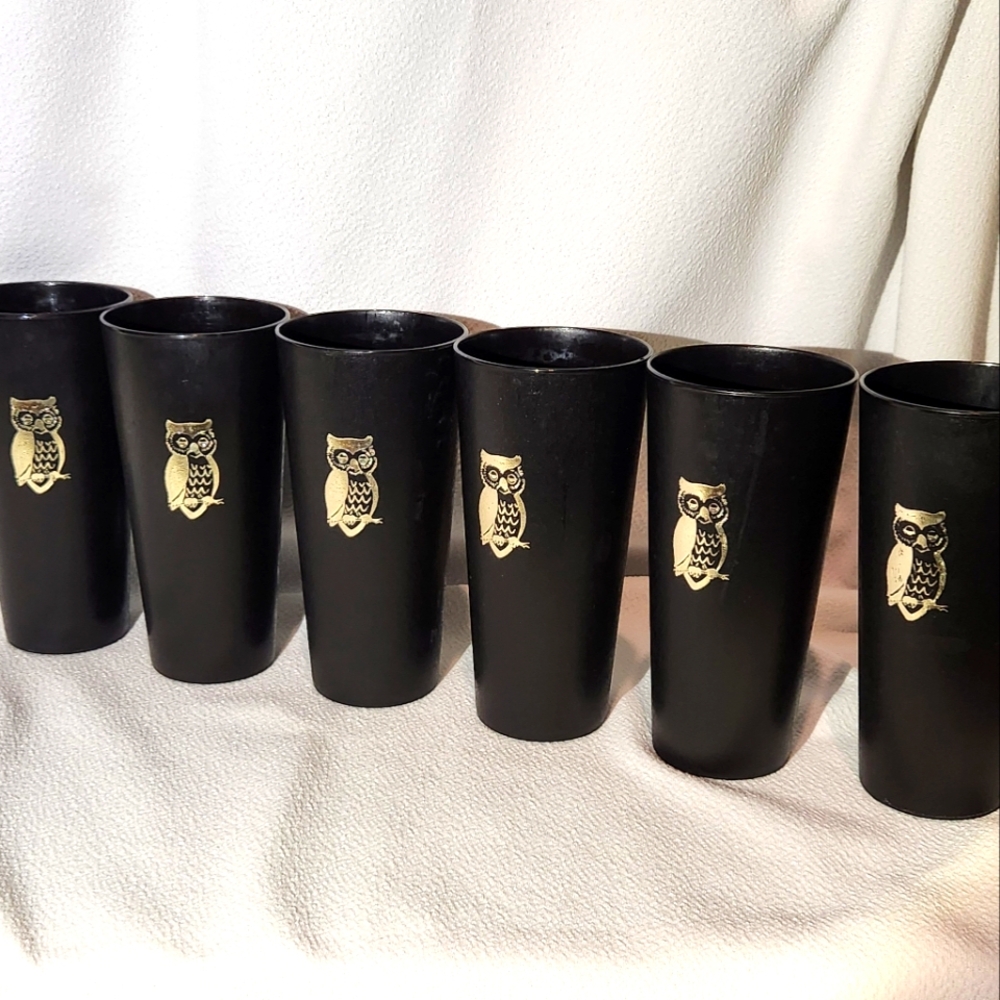 Six MCM Nasco Japan Black 12 Ounce Tumblers With Gold Owl Motif #1072